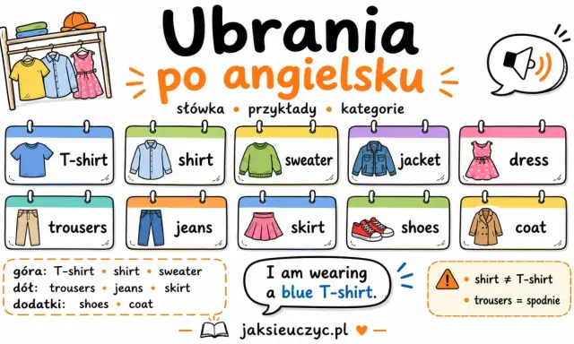 Ubrania po angielsku: T-shirt, shirt, sweater, jacket, dress, trousers, jeans, skirt, shoes, coat. "I am wearing a blue T-shirt.