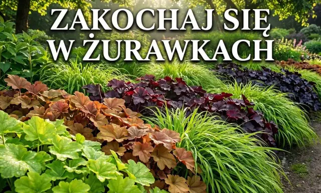 Piękny ogród z żurawkami w różnych odcieniach zieleni, brązu i purpury. Wspaniała inspiracja do żurawki uprawa.