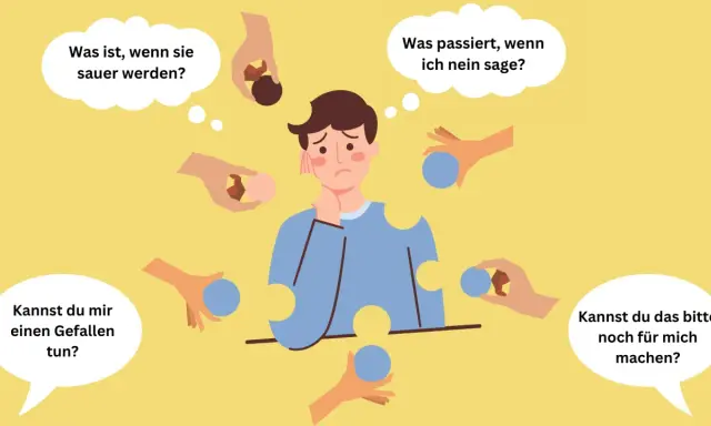 Ein Mann ist von vielen Händen umgeben, die ihm Bälle anbieten. Er wirkt besorgt und denkt über die Psychologie nach, es allen recht machen zu wollen.