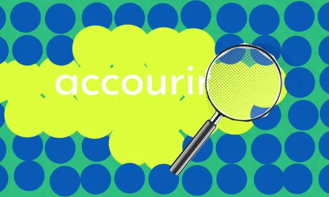 Une loupe examine le mot "accourir" sur un fond vert parsemé de cercles bleus. La conjugaison d'accourir est à l'étude.