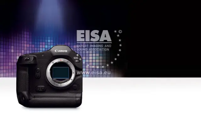 Profesjonalny aparat Canon EOS R1, jeden z najnowszych modeli, z logo EISA.