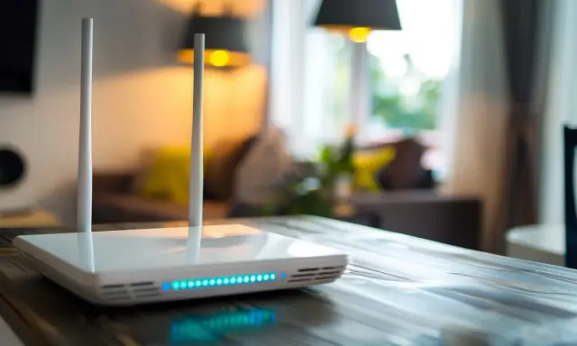 Moderner WLAN-Router mit Antennen und blauen LEDs. Er steht auf einem Holztisch und symbolisiert schnelles Internet, was bedeutet 500 Mbit/s.