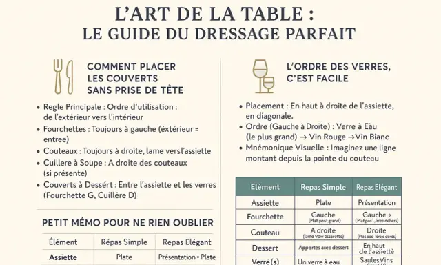 Guide pour poser les couverts à la française : fourchettes à gauche, couteaux à droite, lame vers l'assiette. Le dessert se place entre l'assiette et les verres.