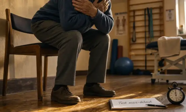 Un homme âgé, assis, se prépare pour un test assis-debout. Il semble difficile pour lui de rester debout longtemps.