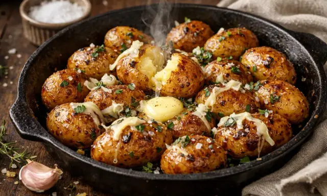 Pommes de terre grenaille au four, dorées et fondantes, garnies de fromage et de persil, avec une noix de beurre qui fond.