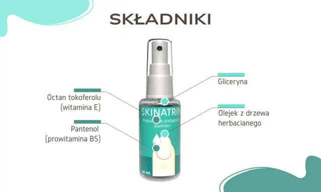 Skinatrin – preparat do pielęgnacji paznokci z witaminą E, pantenolem, gliceryną i olejkiem z drzewa herbacianego.