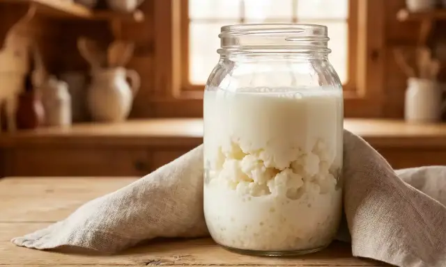 Ein Glas mit Milch und Kefirknollen, bereit zum Milchkefir ansetzen. Im Hintergrund eine rustikale Küche.