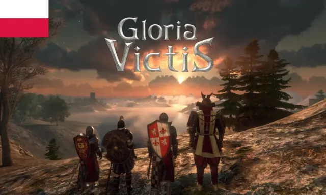 Rycerze w zbrojach patrzą na zachód słońca. Nad nimi logo gry Gloria Victis. Polska flaga w lewym górnym rogu.