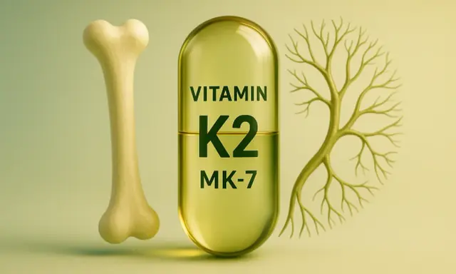 Żółta kapsułka z napisem "VITAMIN K2 MK-7" między kością a drzewem.