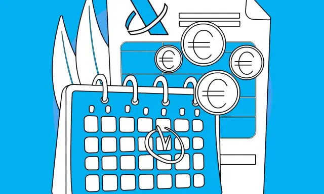 Calendario y monedas de euro sobre un documento, ilustrando que son las retenciones y su impacto financiero.