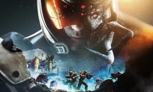 Żołnierze walczą z potworami w mroźnym krajobrazie, podczas gdy gigantyczna postać w hełmie obserwuje ich z góry. To kluczowy moment w grze Phoenix Point.