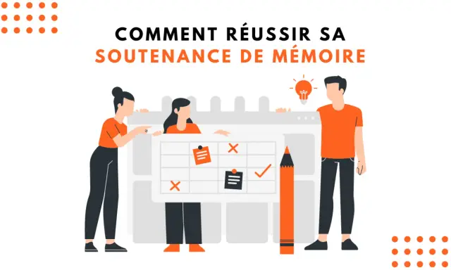 Trois personnes planifient comment commencer une soutenance de mémoire avec un tableau et un crayon géant.