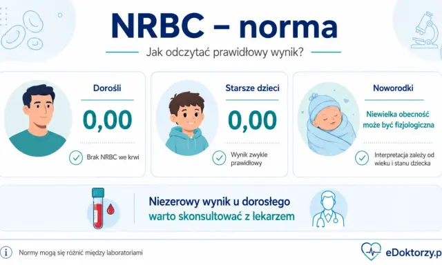 NRBC - norma. U dorosłych i starszych dzieci wynik 0,00 jest prawidłowy. U noworodków niewielka obecność NRBC może być fizjologiczna.