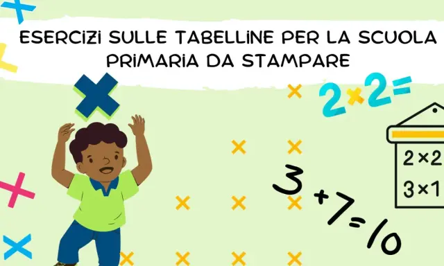 Esercizi sulle tabelline miste da stampare per la scuola primaria. Un bambino sorride tra molti segni di moltiplicazione colorati.