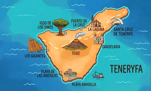 Mapa Teneryfy z zaznaczonymi atrakcjami: wulkan Teide, Los Gigantes, La Laguna, Puerto de la Cruz, Santa Cruz. Tu jest Teneryfa!