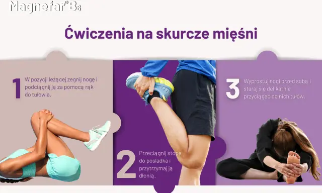 Ćwiczenia na skurcze łydek: leżąc, podciągnij nogę do tułowia, przyciągnij stopę do pośladka, a następnie wyprostuj nogi i pochyl się do przodu.