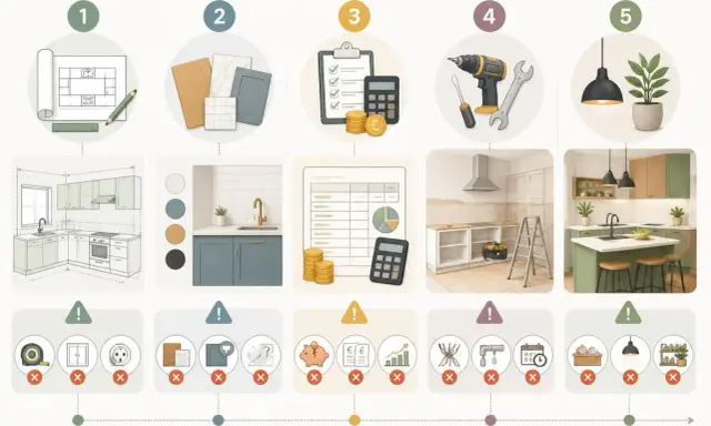 Étapes d'un projet de construction de cuisine : plan, matériaux, budget, outils, finition.