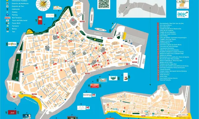 Mapa de Cádiz con puntos de interés, ideal para saber qué hacer en Cádiz con niños: playas, museos, parques y monumentos.