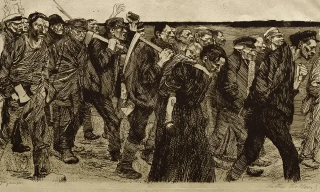 Ein Mann trägt ein Kind auf dem Rücken, während eine Gruppe von Männern, bewaffnet mit Werkzeugen, marschiert. Dies ist eine Darstellung des aufstand der schlesischen weber.