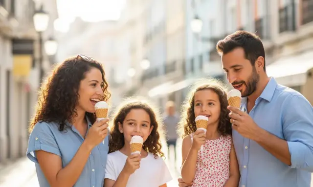 Familia disfrutando de helados en un paseo soleado, una escena perfecta de Oviedo con niños.