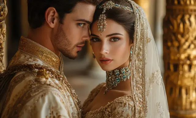 Coppia in abiti sontuosi, con la donna adornata da gioielli preziosi, evoca l'eleganza di matrimoni morganatici famosi.