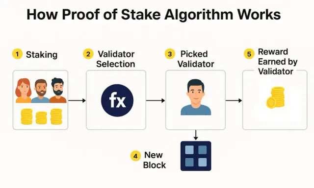 Schemat wyjaśnia, proof of stake co to: staking, wybór walidatora, nowy blok i nagroda dla walidatora.