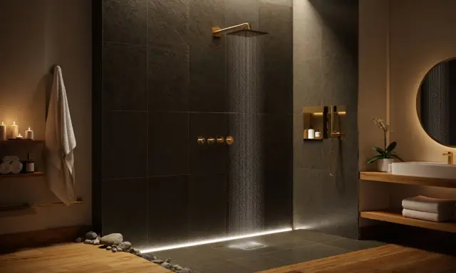 Un'elegante doccia muratura senza vetro, con finiture dorate e un soffione a pioggia. L'illuminazione soffusa crea un'atmosfera rilassante.