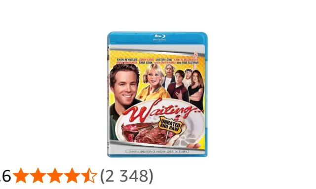 Blu-ray-fodral för filmen "Waiting..." med Justin Long, Ryan Reynolds och Anna Faris. En komedi om anställda på en restaurang.
