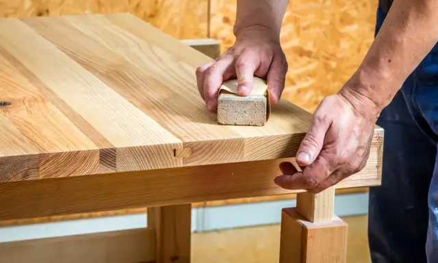 Un artisan utilise un bloc de ponçage pour comment poncer un plan de travail en bois, révélant la beauté naturelle du grain.