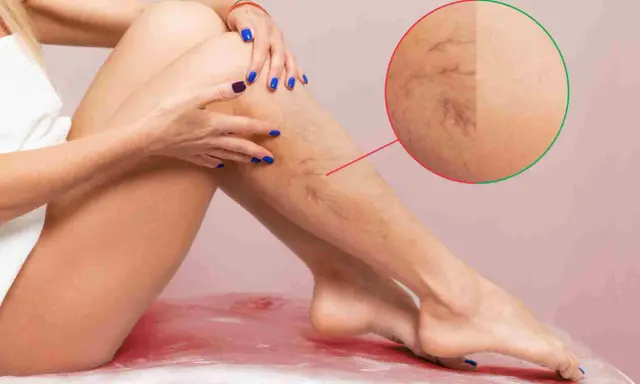 Gambe con teleangectasie, un possibile segno di trombofilia genetica. L'immagine mostra un dettaglio ingrandito delle vene superficiali.