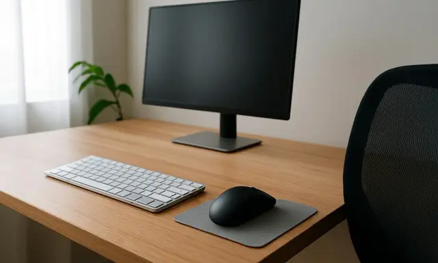 Bureau en bois avec écran, clavier, souris et tapis. Un fauteuil de bureau noir est visible. L'ergonomie travail sur écran est essentielle pour le confort.
