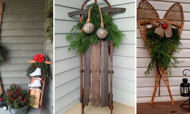 Idées de décoration Noël extérieur à faire soi-même : skis anciens, traîneau vintage, raquettes ornées de verdure et de cloches.