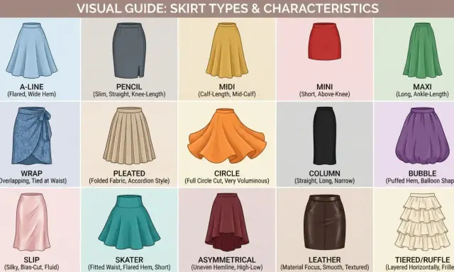 A visual guide showcasing various types of skirts, from A-line and pencil to bubble and tiered styles, offering a comprehensive look at skirt silhouettes.