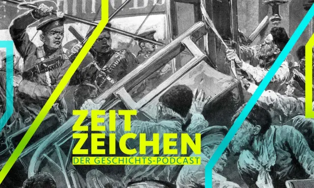 Illustration zeigt Soldaten, die auf Demonstranten schießen, eine Szene, die an den Petersburger Blutsonntag erinnert. "Zeit Zeichen" ist als Geschichts-Podcast hervorgehoben.