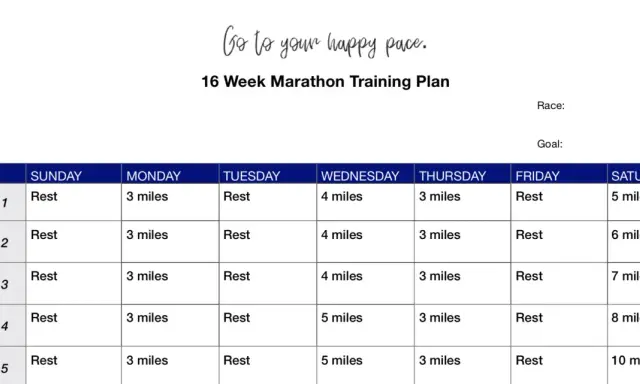 Ein 16-Wochen-Marathon-Trainingsplan mit täglichen Laufdistanzen und Ruhetagen. Perfekt für dein Marathon-Training!