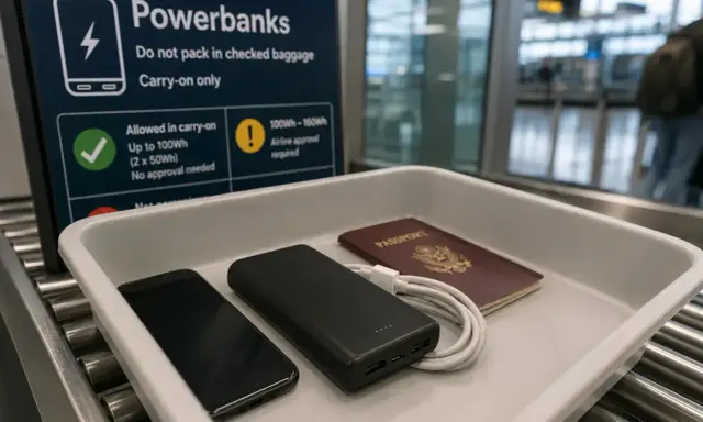 Na tacy do kontroli bezpieczeństwa leżą powerbank, telefon i paszport.
