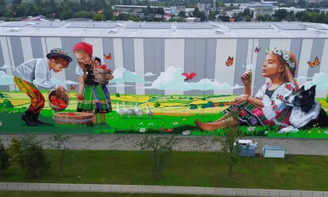 Kolorowe murale w Polsce: dzieci w strojach ludowych zbierają jabłka na tle sielskiego krajobrazu, dziewczynka z psem dmucha dmuchawiec.