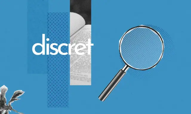 Le mot "discret" est mis en évidence, avec une loupe examinant un livre ouvert. Un synonyme de discret est "subtil".