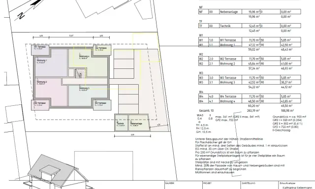 Grundriss des Erdgeschosses mit 11 Baunvo (Wohnungen und Terrassen), Technik und Nebenanlage.