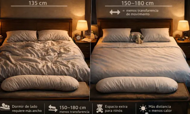 Comparativa de medidas de colchones: 135 cm para dormir de lado, 150-180 cm para menos transferencia de movimiento y espacio extra.