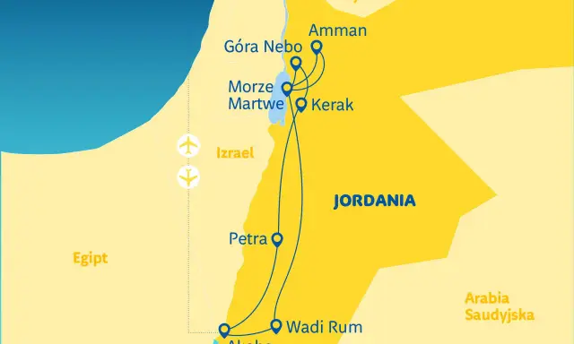 Mapa pokazuje, gdzie leży Jordania, z zaznaczonymi miastami: Amman, Kerak, Petra, Wadi Rum i Akaba. Widać też Morze Martwe i Górę Nebo.