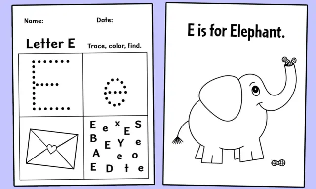 Foglio didattico con lettere disegni con la E: una grande E puntinata, una piccola E puntinata, una busta con cuore, lettere sparse e un elefante che mangia arachidi.