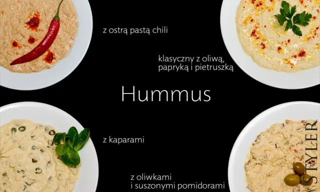 Hummus z ciecierzycy: pikantny z chili, klasyczny z papryką, z kaparami, oliwkami i suszonymi pomidorami.