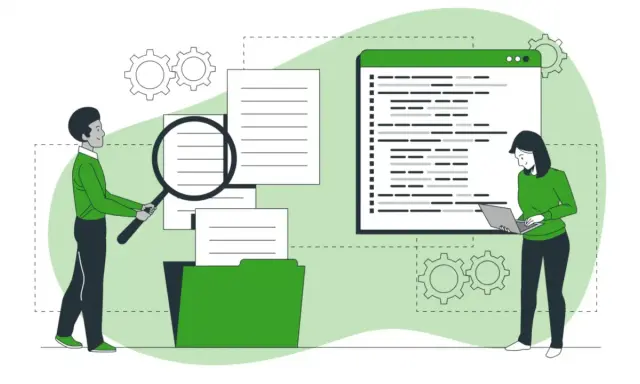 Uomo con lente d'ingrandimento analizza documenti, donna lavora al laptop. Ricerca di piattaforme e-learning gratuite.