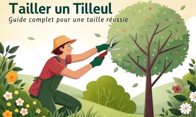 Un jardinier taille un tilleul adulte avec des sécateurs, entouré de fleurs et de verdure.
