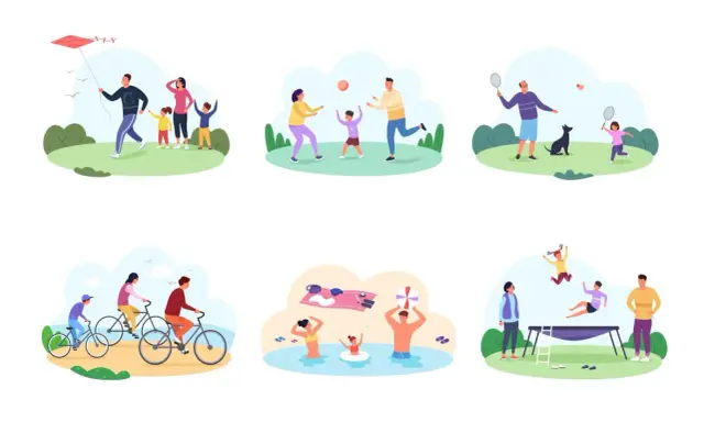 Różnorodne zabawy dla dzieci 9-12 lat na dworze: puszczanie latawca, gra w piłkę, badminton, jazda na rowerze, kąpiel i skakanie na trampolinie.