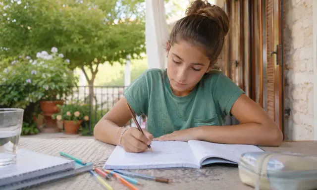 Ragazza concentrata sui compiti vacanze estive all'aperto, tra quaderni e matite colorate.