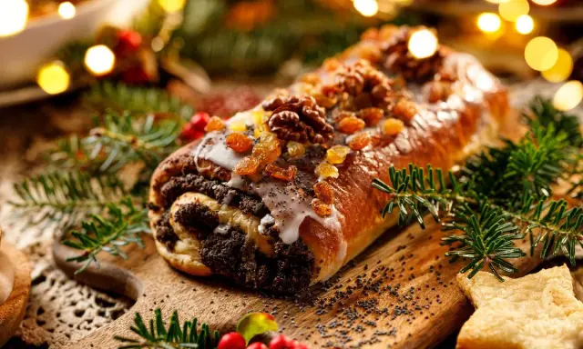 Makowiec z bakaliami, idealny do mrożenia, na świątecznym stole. Wiesz, jakie ciasta można mrozić?