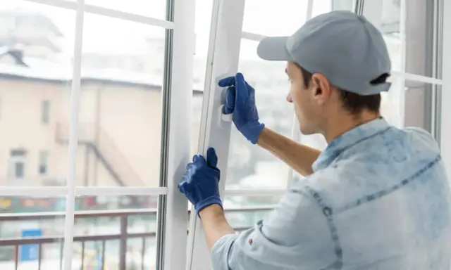 Un ouvrier ajuste une fenêtre pour isoler du froid. Il porte des gants bleus et une casquette grise.