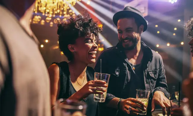 Coppia felice ride e beve in un locale notturno di Barcellona, tra luci soffuse e musica.